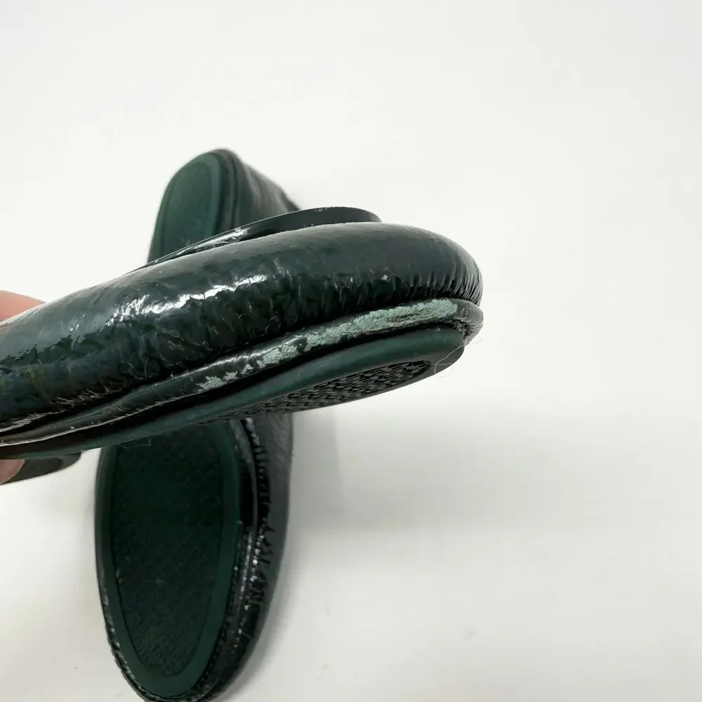 Tory Burch Dark Green Crinkly Patent Leather Minnie Flats Size 8.5 T Logo Detail